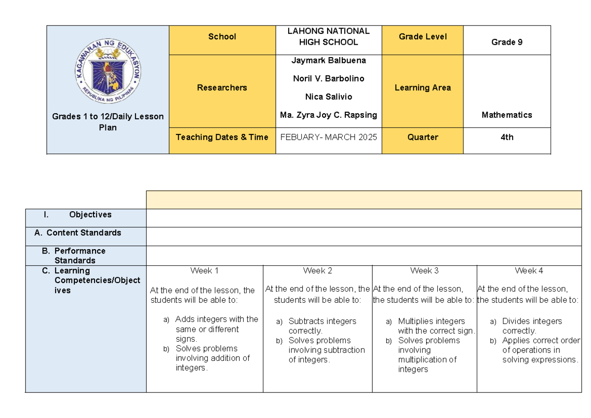 Final Lesson Plan for Mathematics Grade 9 (LAHONG) - Q4 2025 - Studocu