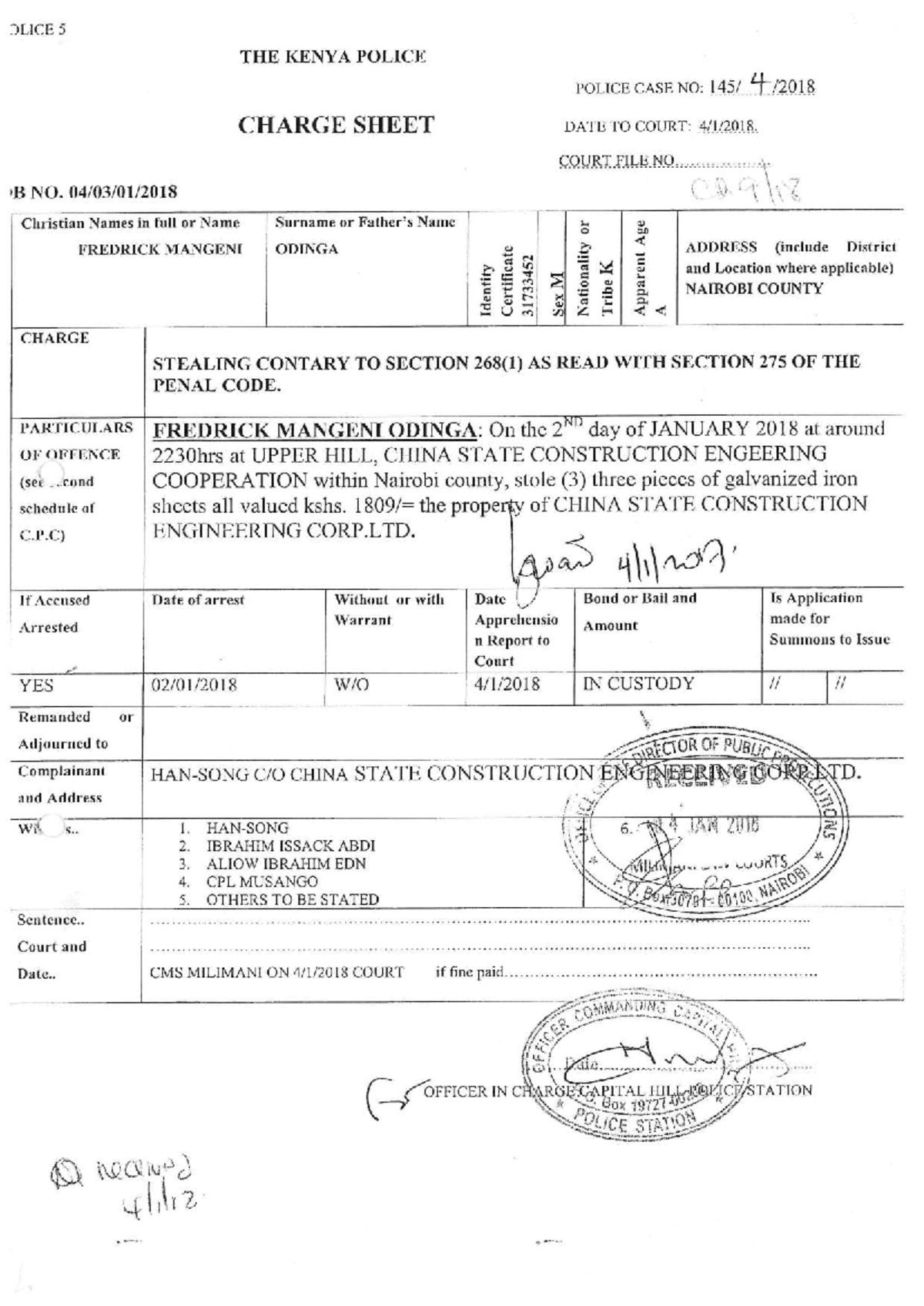 POLICE 5 CHARGE SHEET SAMPLES: CASES FROM KENYA COURTS - Studocu