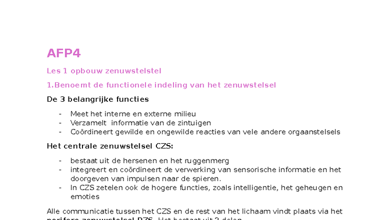 AFP4 Les 1: Opbouw van het Zenuwstelsel en Neuronen - Studeersnel