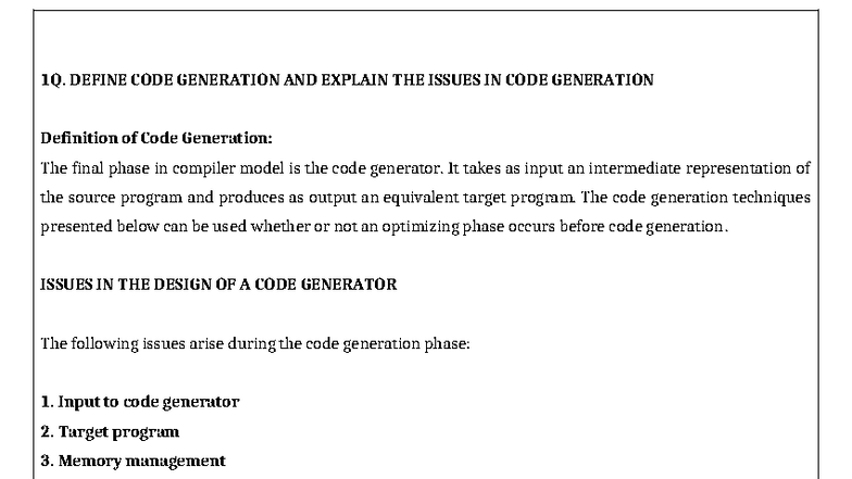 Q1. Code Generation and Its Design Issues in Compilers - Studocu