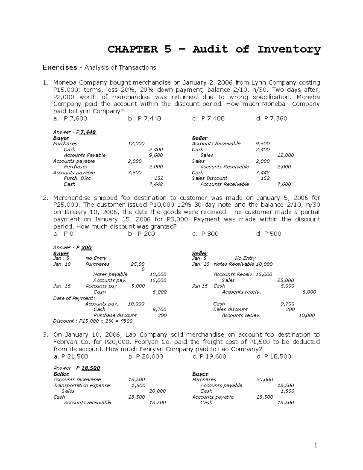 Audit of inventory problems with solutionspdf - BS accountancy - Studocu