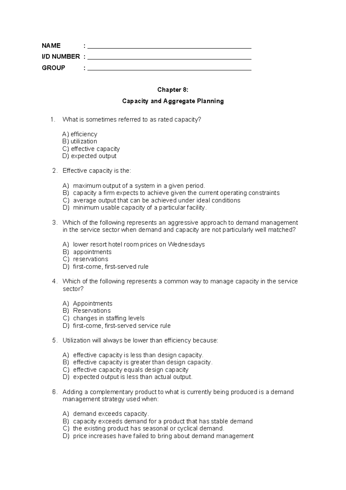 Exercise Chapter 8: Capacity & Aggregate Planning SS2024 Notes - Studocu