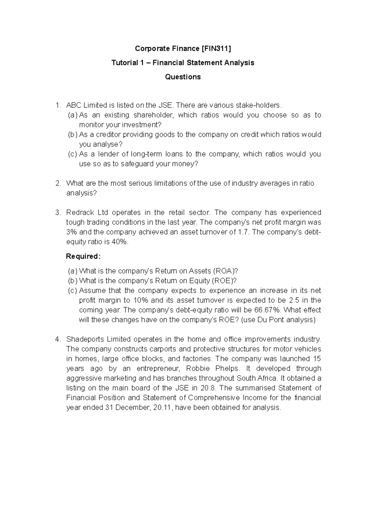FIN311 Tutorial 1: Financial Statement Analysis Questions 2026 - Studocu