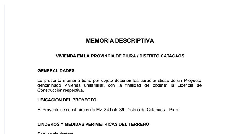 Memoria Descriptiva del Proyecto de Vivienda Unifamiliar en Catacaos ...
