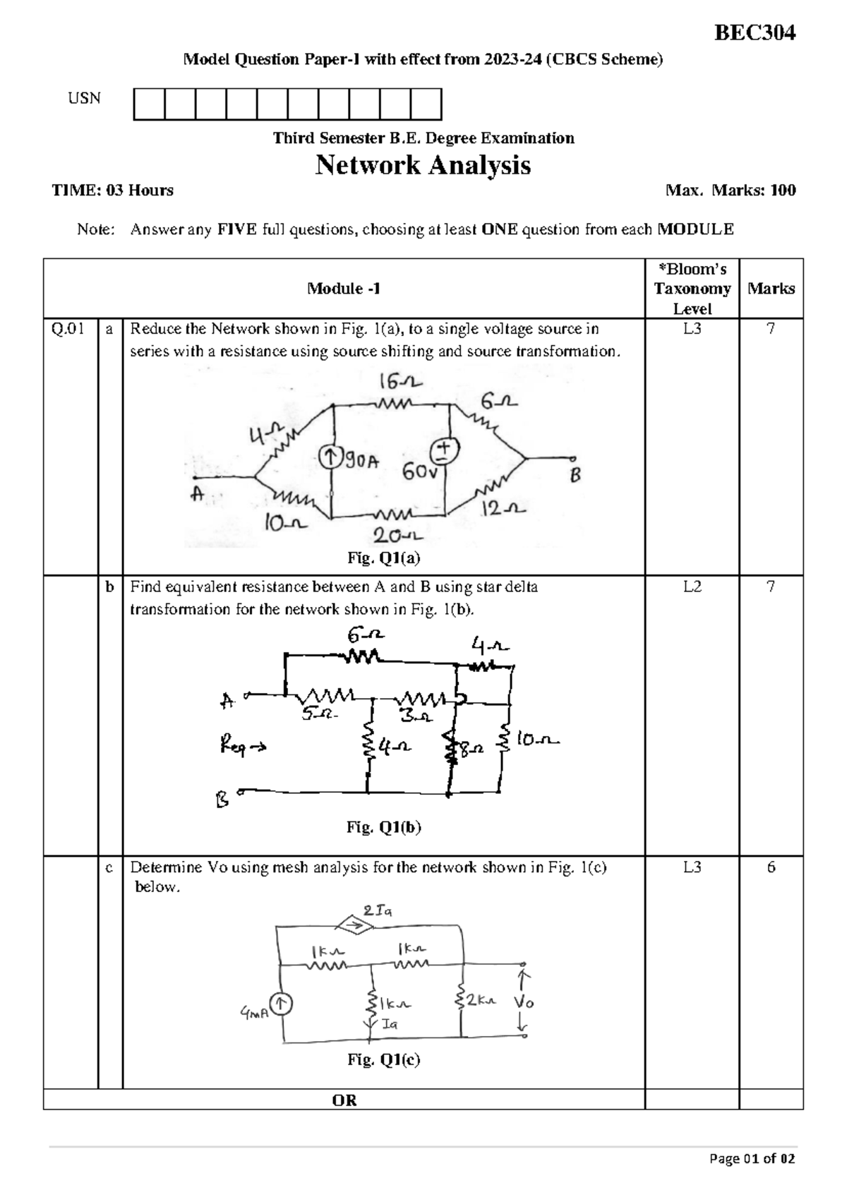 BEC304 Model Question Paper-I: Network Analysis (2023-24) - Studocu