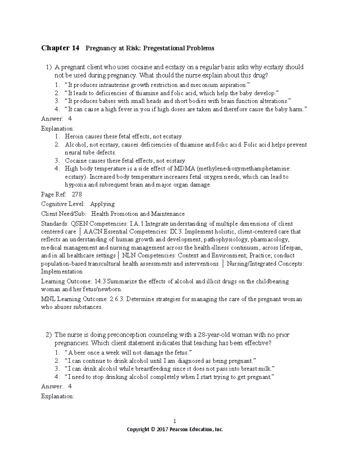 0134142357 Ch14 TB - Practice Questions on Pregnancy at Risk Issues ...