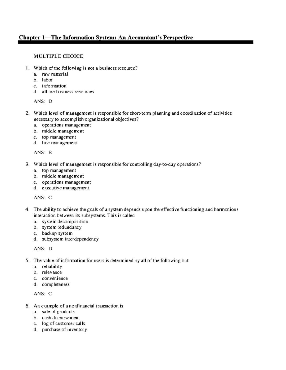 AIS Test Yourself - Chapter 1—The Information System: An Accountant’s ...