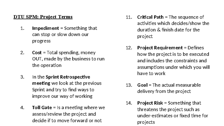 DTU SPM: 20 Key Project Terms Definitions for Agile Management - Studocu