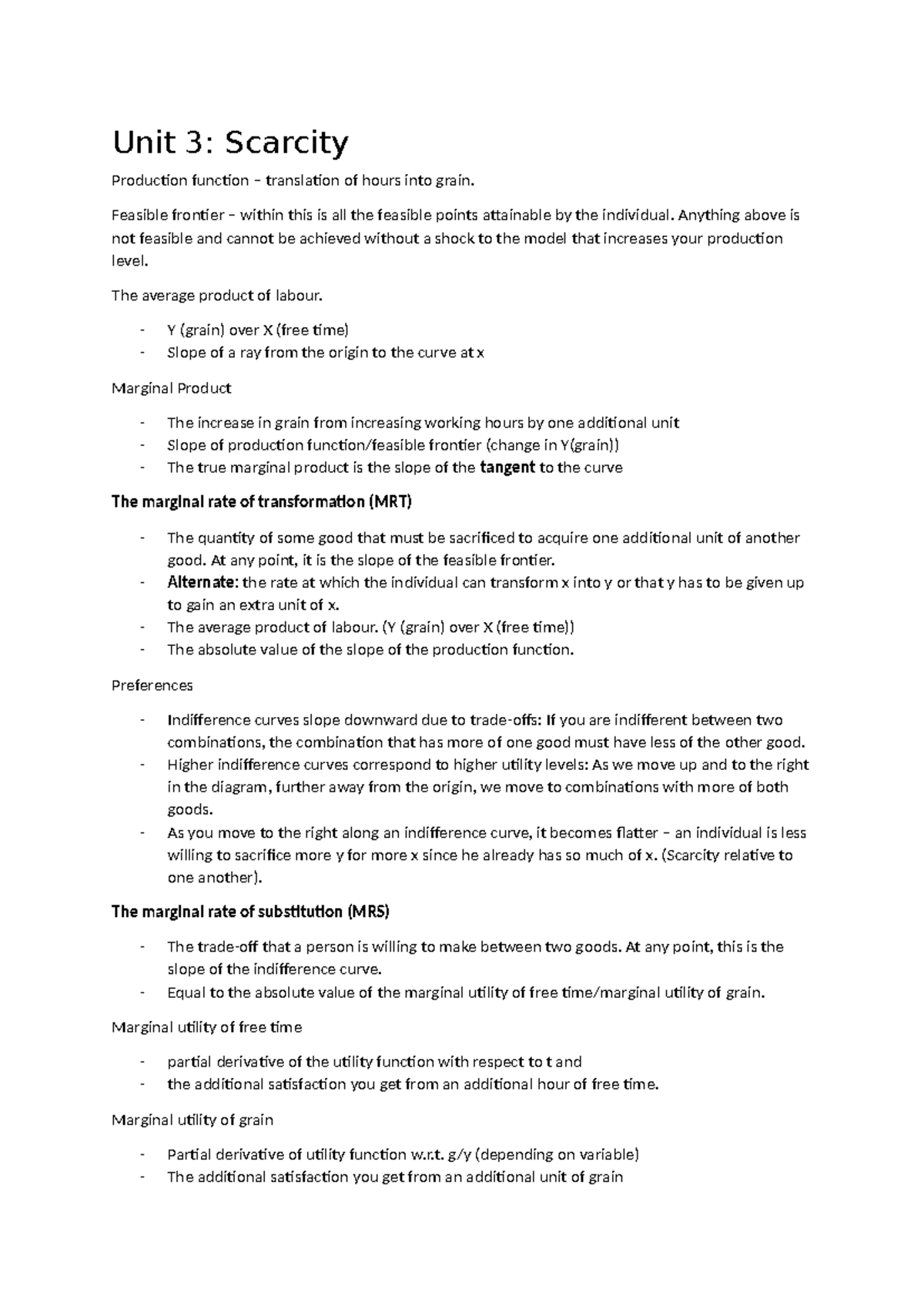 ECO2003 F Summary: Microeconomics Notes on Scarcity and Production ...