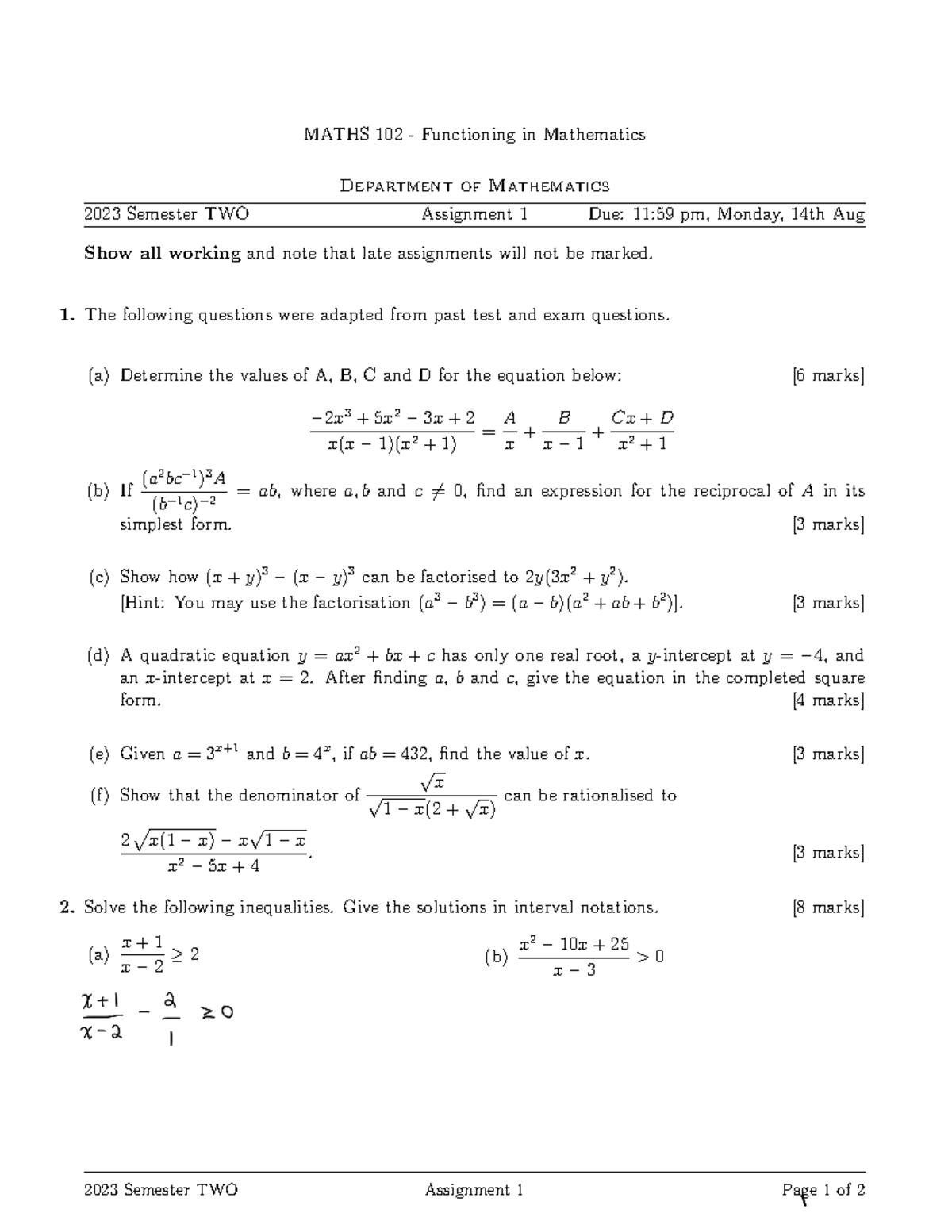 MATHS 102 - 2023 S2 Assignment 1: Functioning in Mathematics Tasks ...