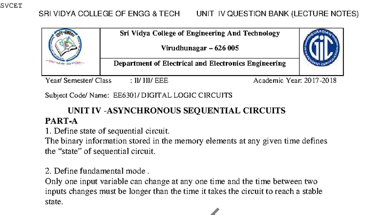EE6301 DIGITAL LOGIC CIRCUITS UNIT IV QUESTION BANK (LECTURE NOTES ...