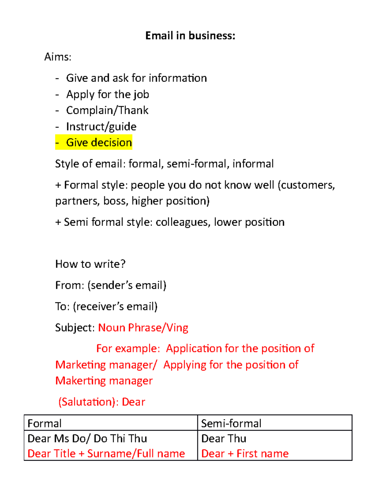 Email in business - Email in business: Aims: Give and ask for ...