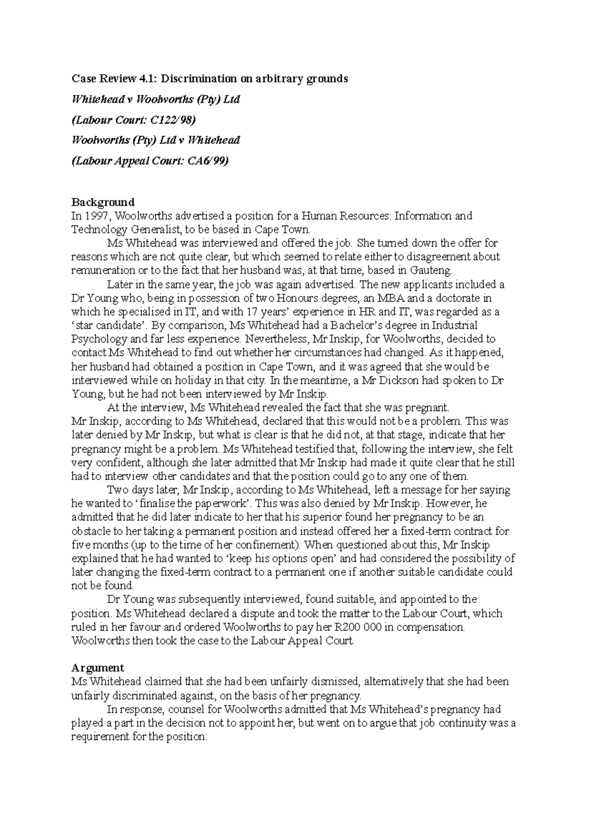 Summarizing Case Laws for EJ: Discrimination, Employment Contracts ...