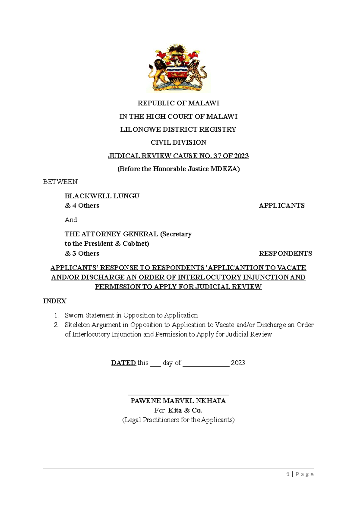 Opposition Statement in Judicial Review Cause No. 37 of 2023 - Mphande ...