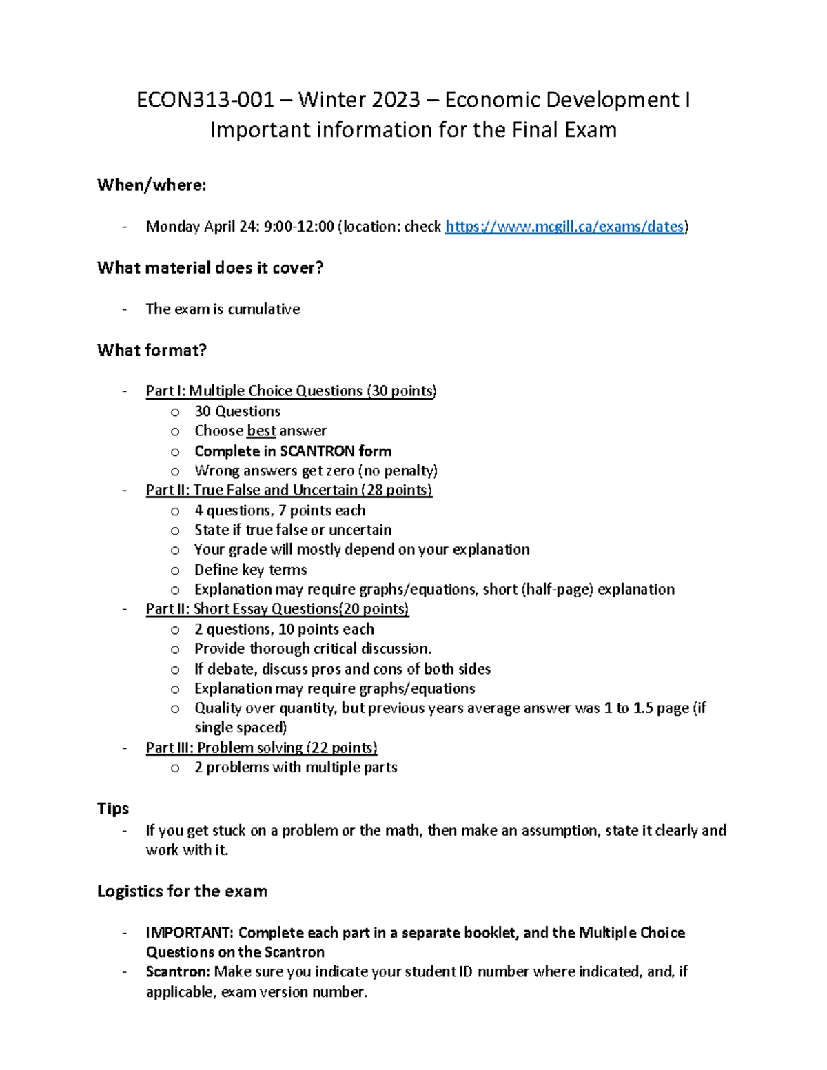 ECON-313 - Winter 2023 - Final Exam Guide & Important Info - Studocu