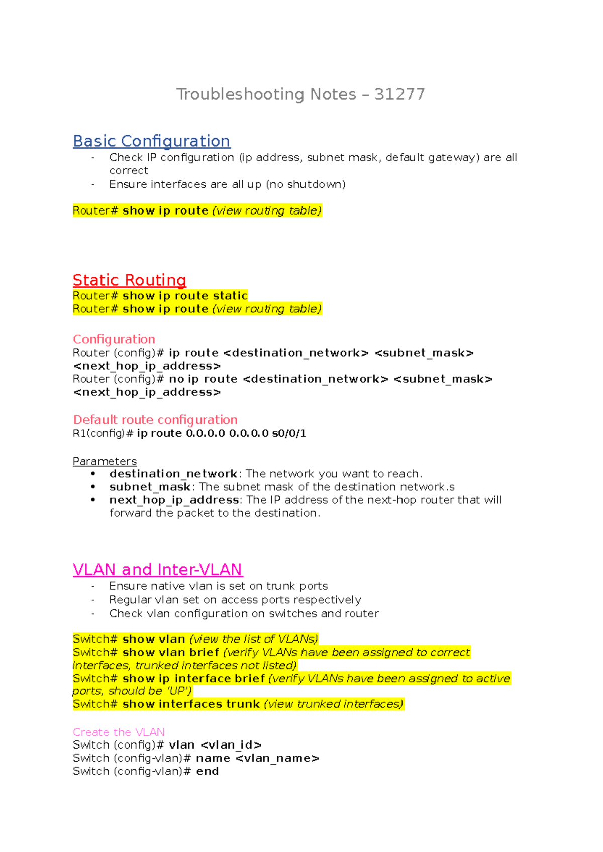 Troubleshooting Notes for Network Configuration - 31277 - Studocu