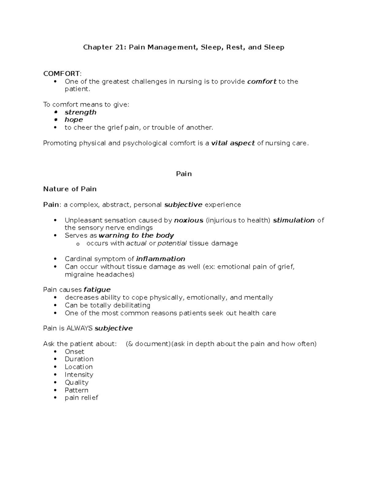 Chapter 21: Pain Management, Sleep, and Comfort in Nursing Care - Studocu