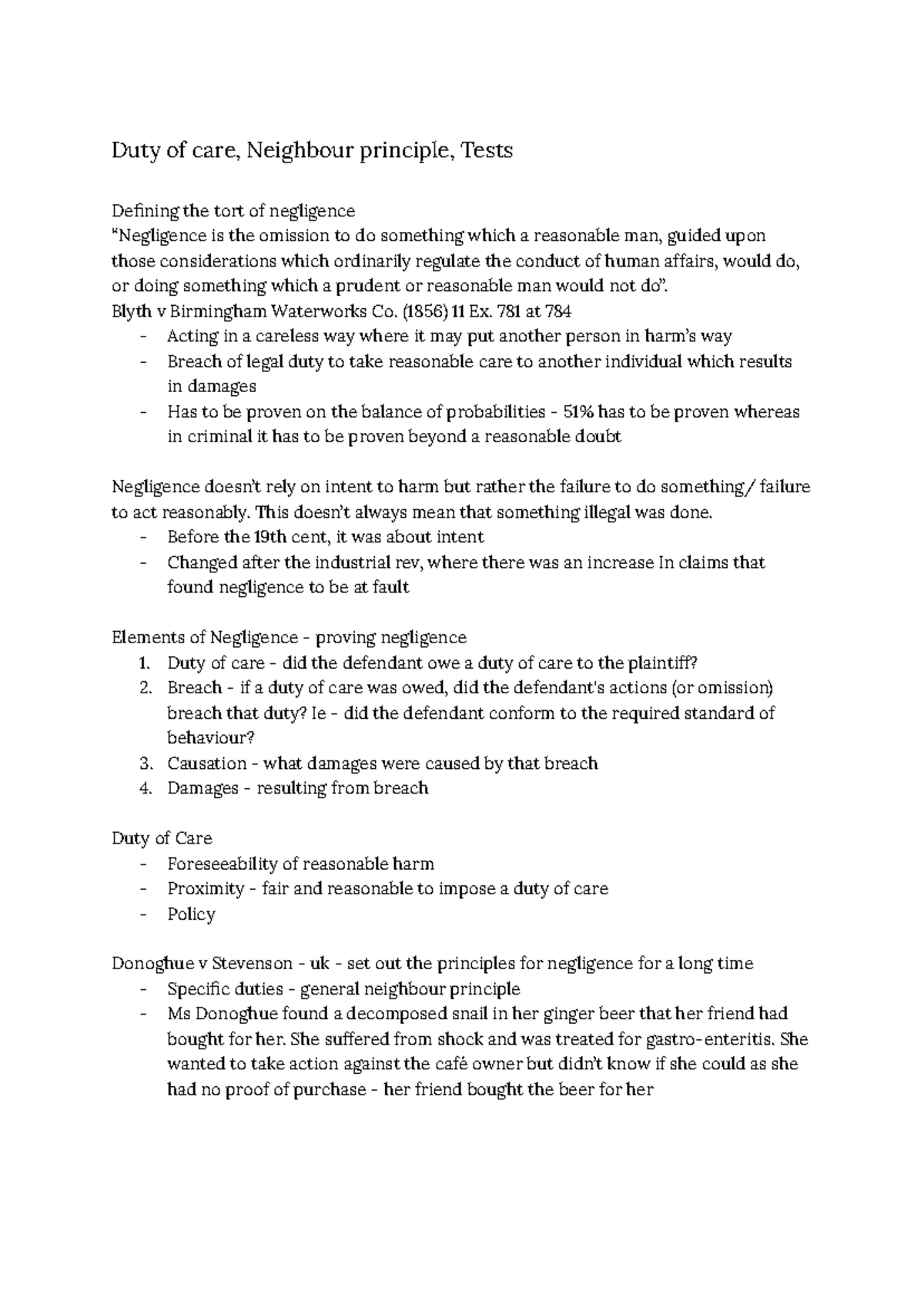 Negligence Law Overview: Duty of Care & Key Principles Analysis - Studocu