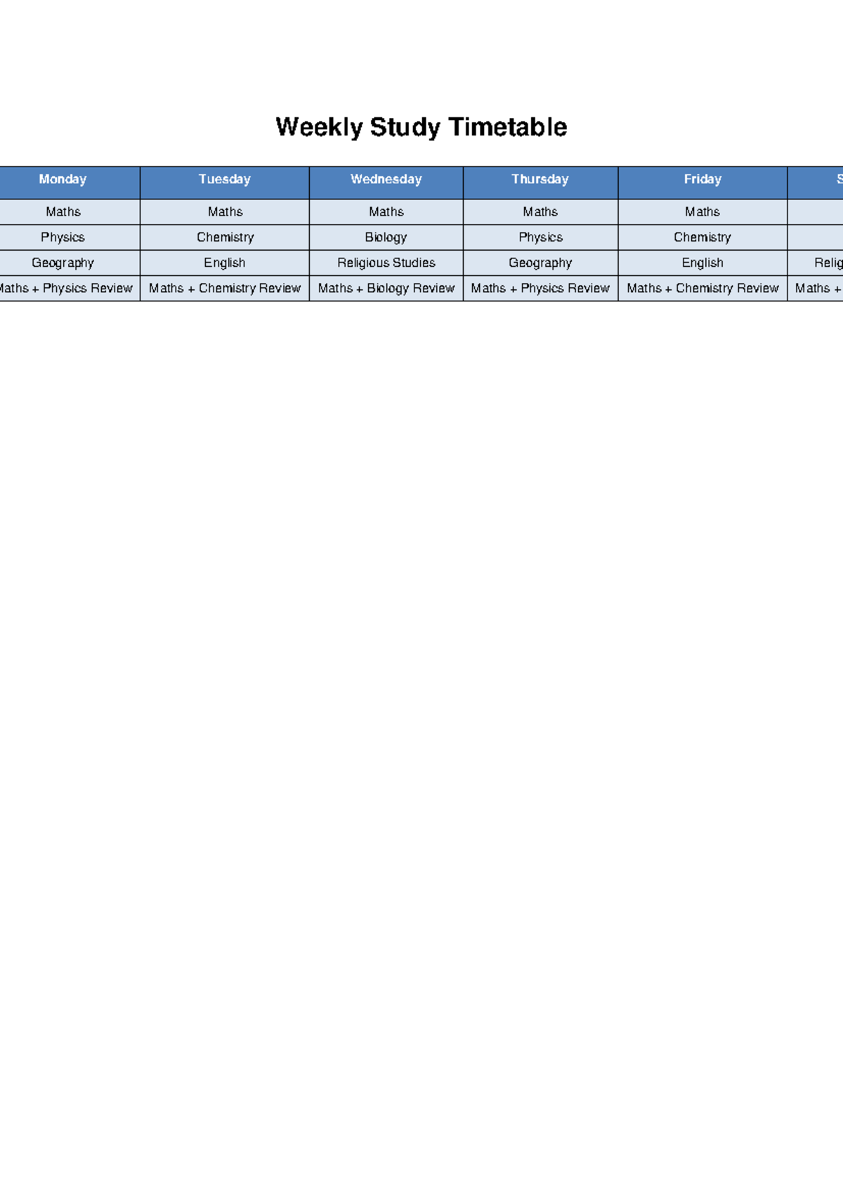 Weekly Study Timetable - Weekly Study Timetable Monday Tuesday ...