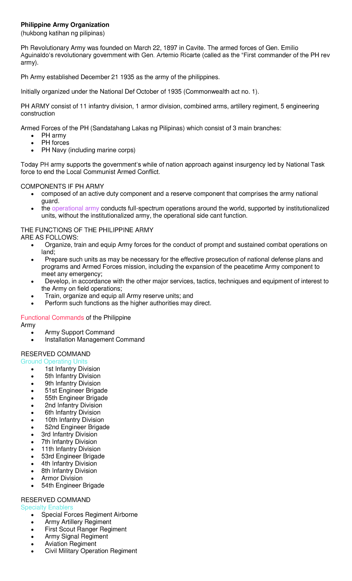 ROTC-Reviewer-Handouts: Overview of Philippine Army Structure ...