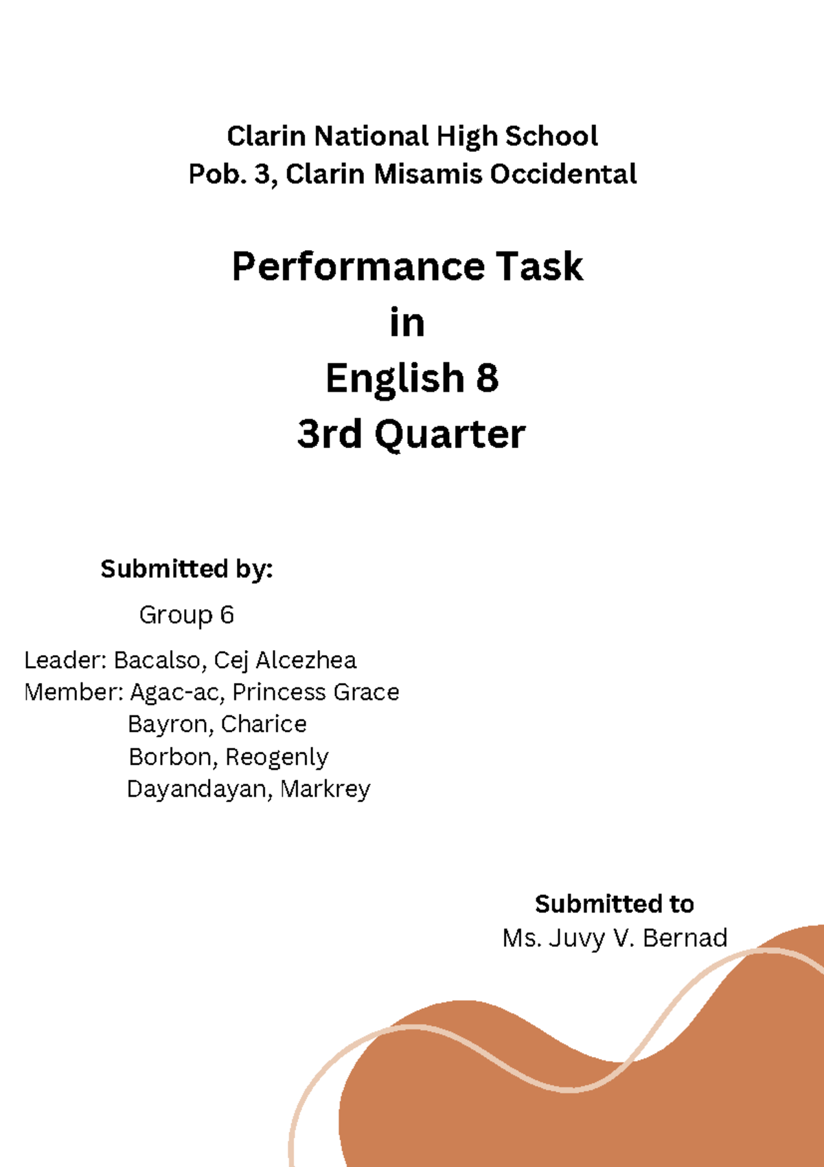 Performance Task in English 8 - 3rd Quarter at Clarin NHS - Studocu