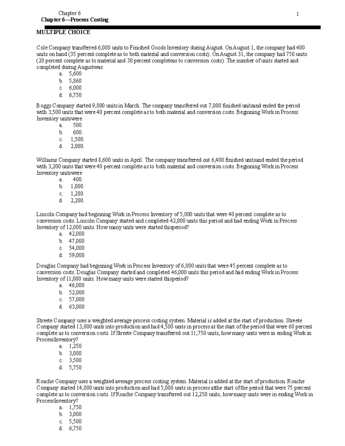 Process Costing Testbank Chapter 6 Process Costing Multiple Choice