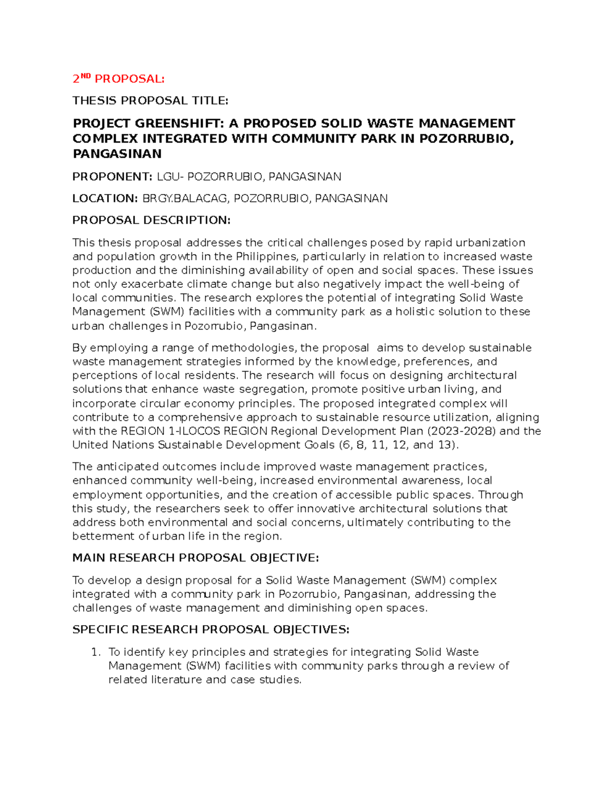 2ND & 3RD Proposal: Project Greenshift for SWM & Community Park - Studocu