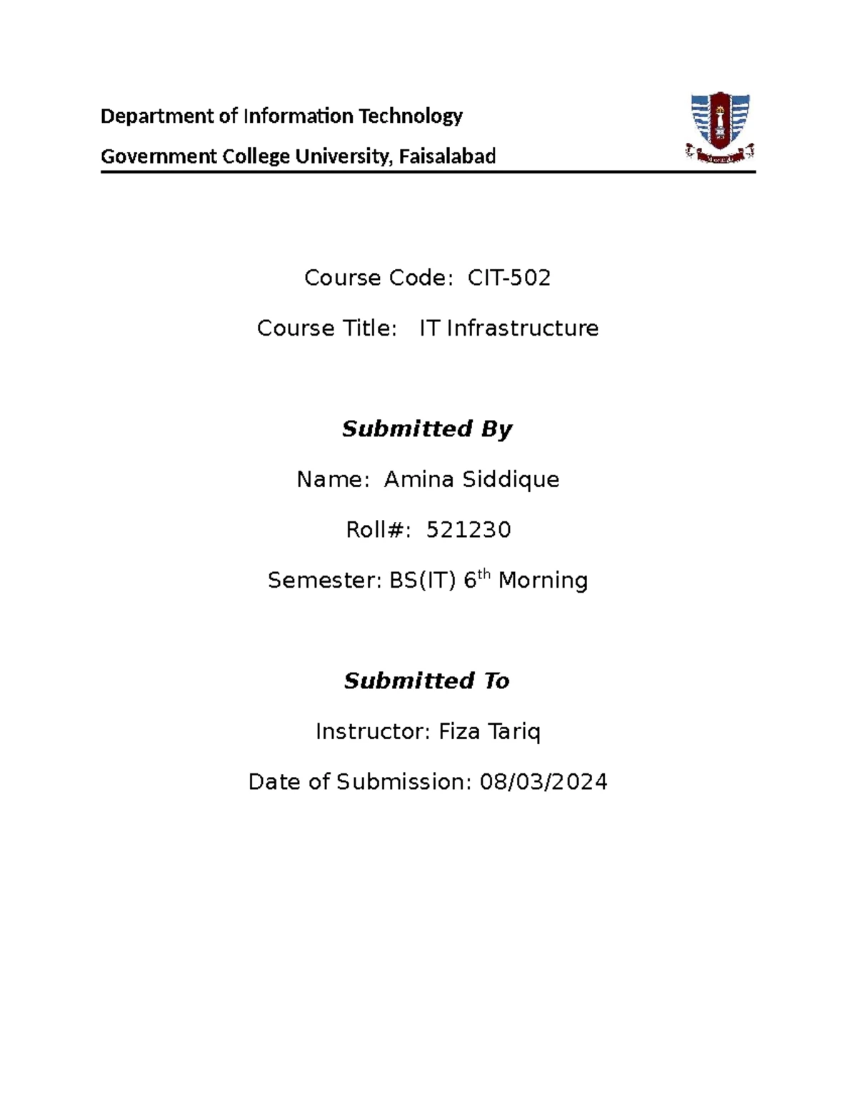 IT Infrastructure Assignment - CIT- Course BS (IT) 6th Semester - Studocu