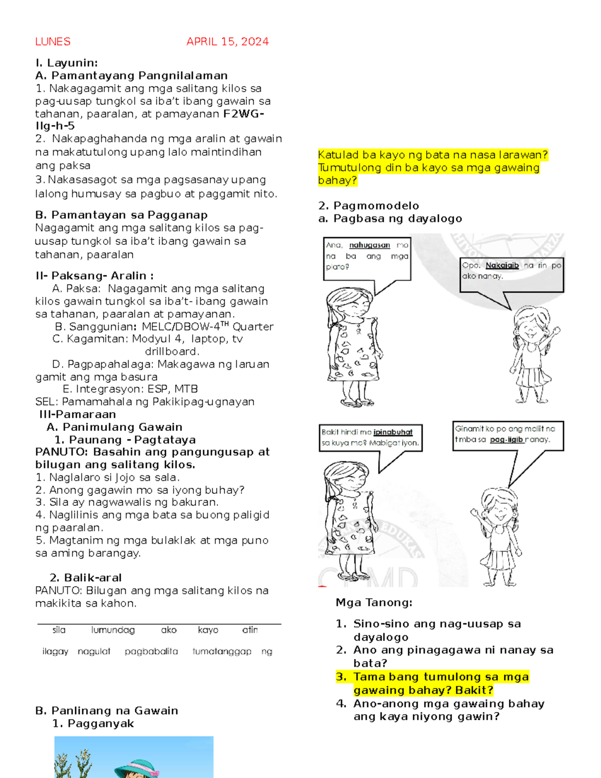 LP Filipino Lesson Plan for April 15, 2024: Salitang Kilos - Studocu