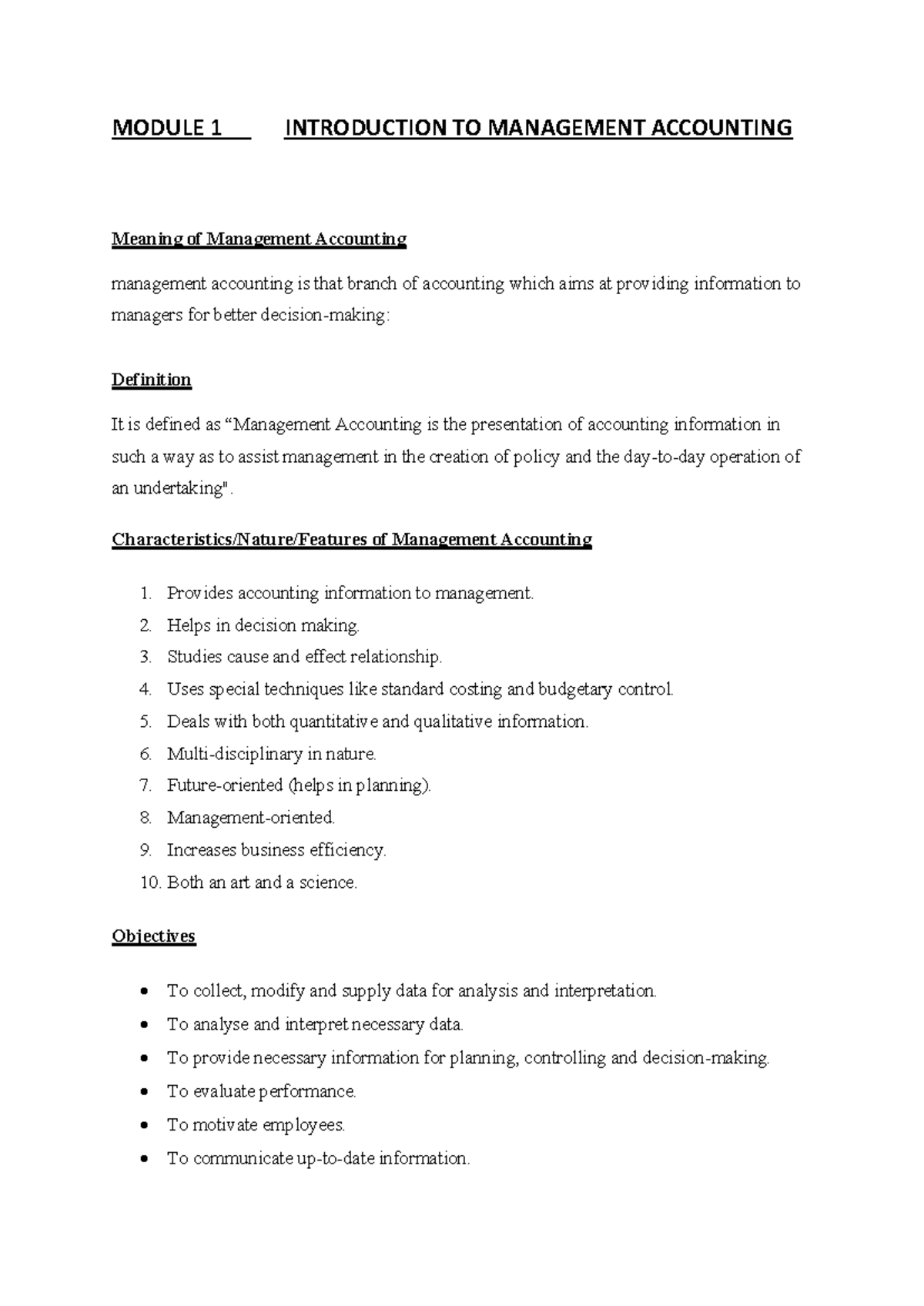 Management Accounting Module 1: Introduction and Key Concepts - Studocu
