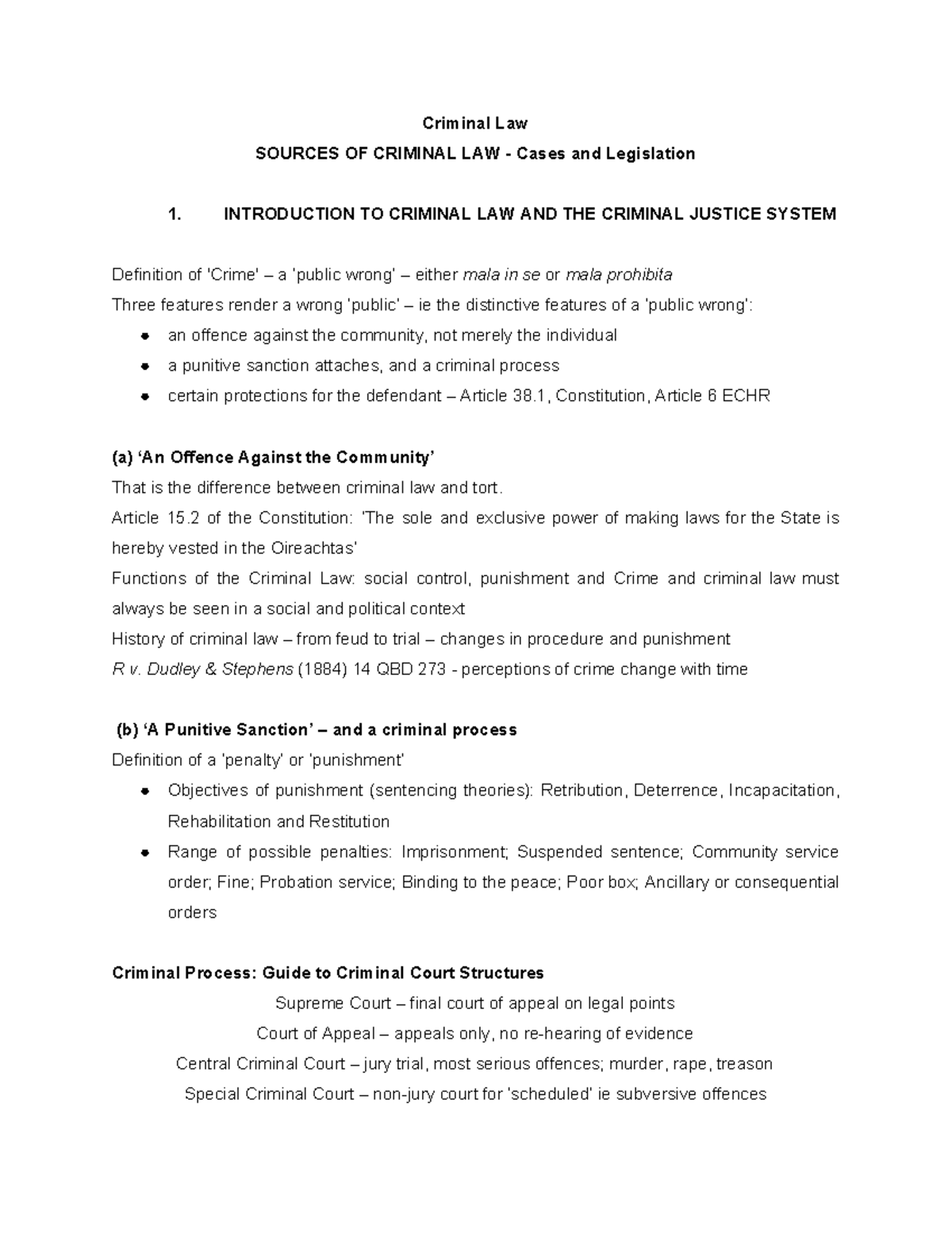 Criminal Law 2018-19 - Lecture Notes on Sources and Liability - Studocu