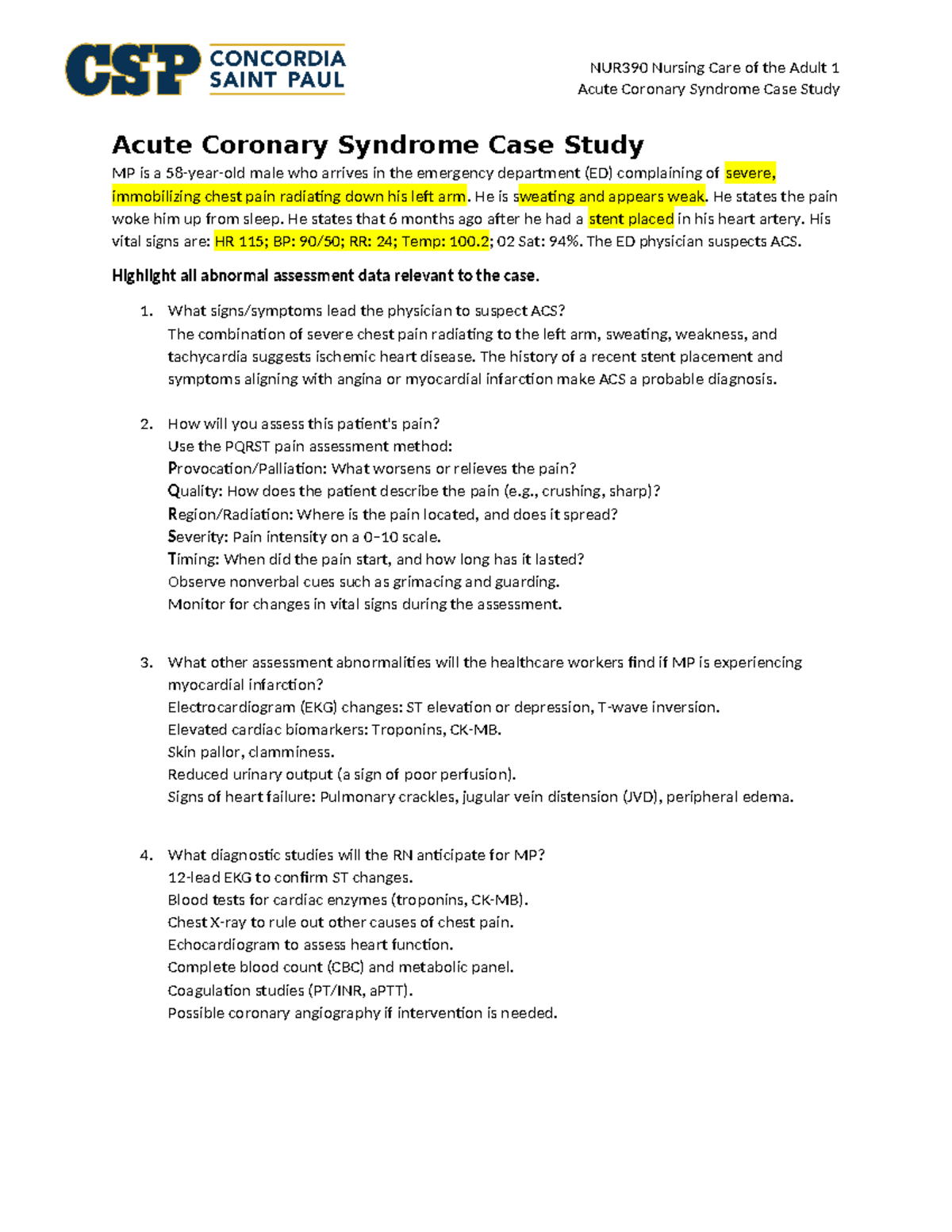 NUR390 Acute Coronary Syndrome Case Study - NUR390 Nursing Care of the ...