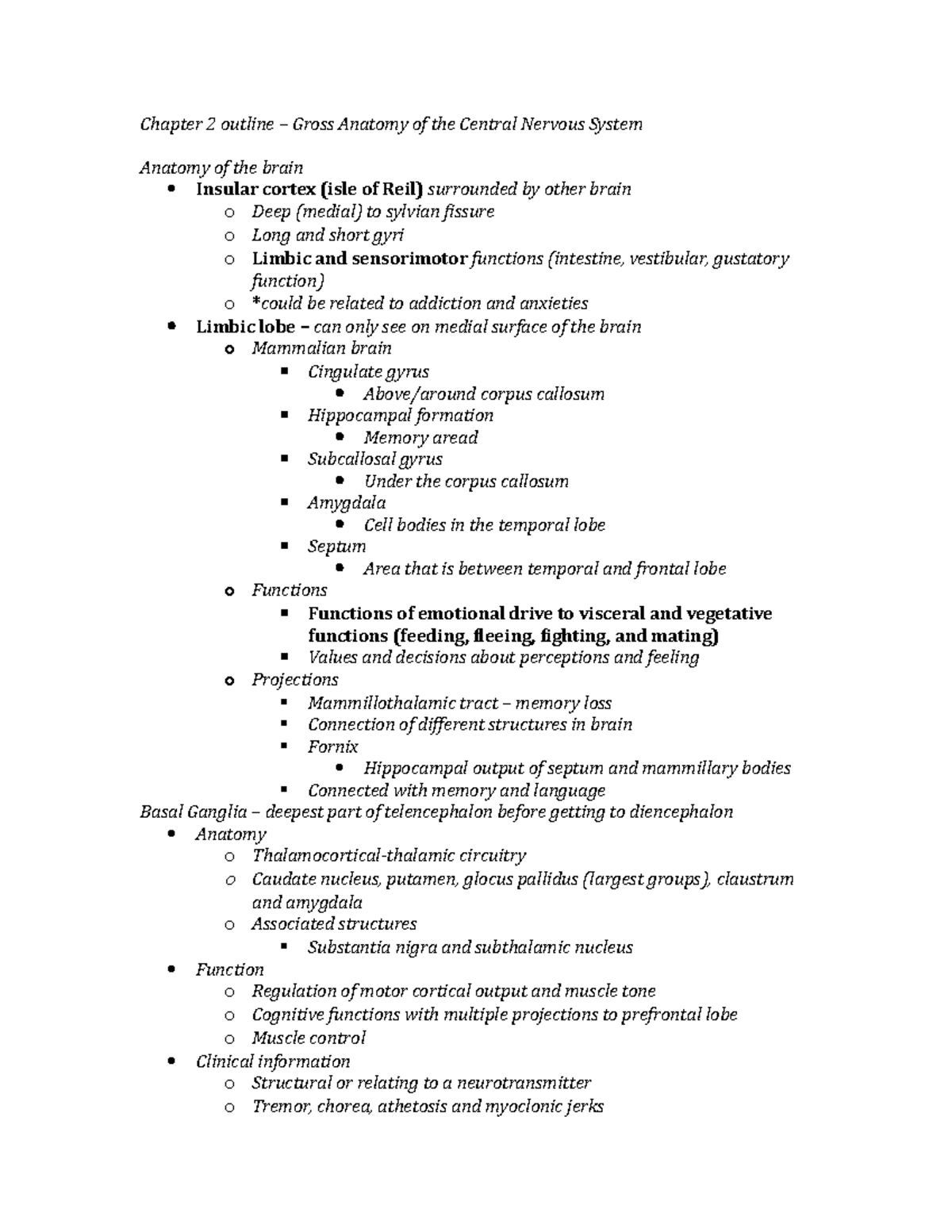 Chapter 2 outline - Chapter 2 outline – Gross Anatomy of the Central ...