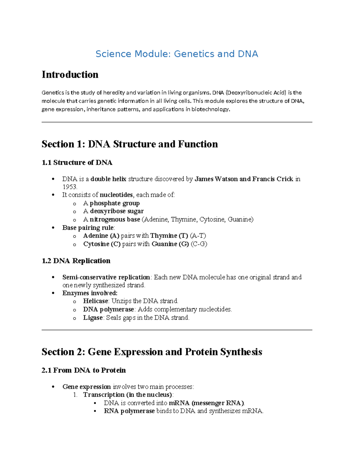 Genetics and DNA introduction: Science module overview - Studocu