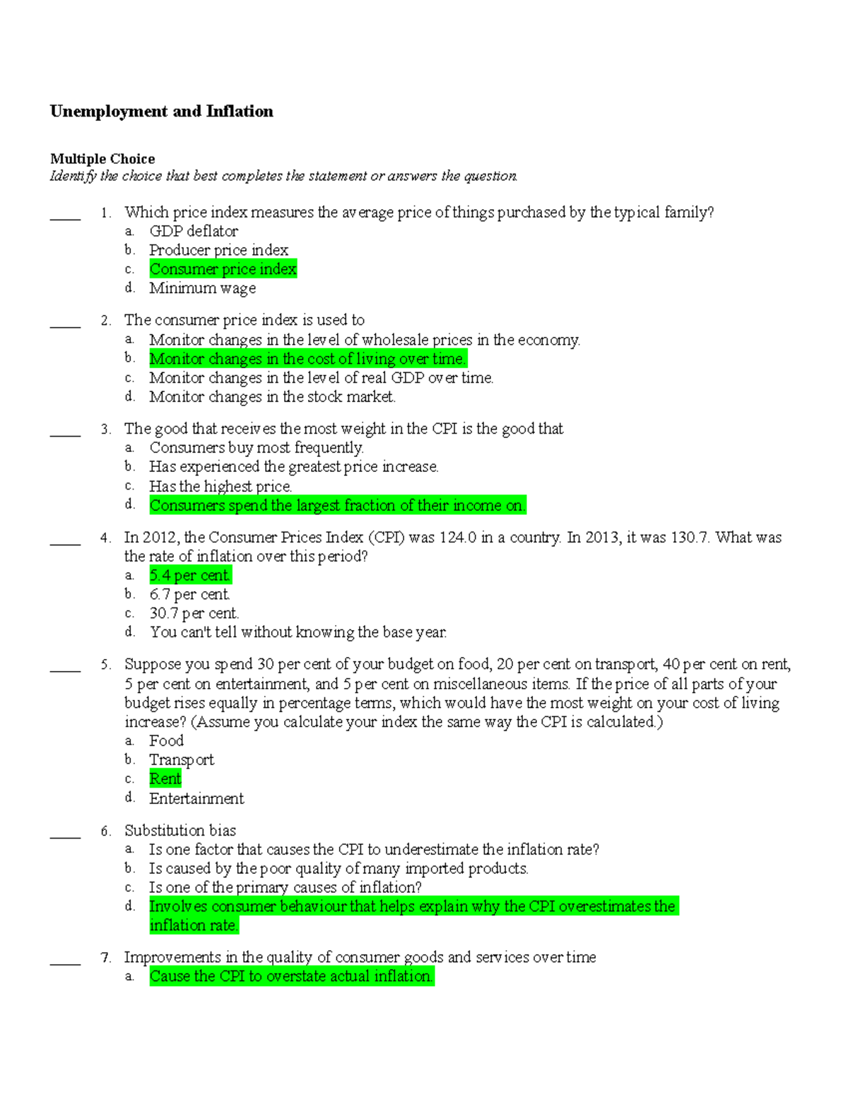 MCQ Unemployment&Inflation - Unemployment and Inflation Multiple Choice ...