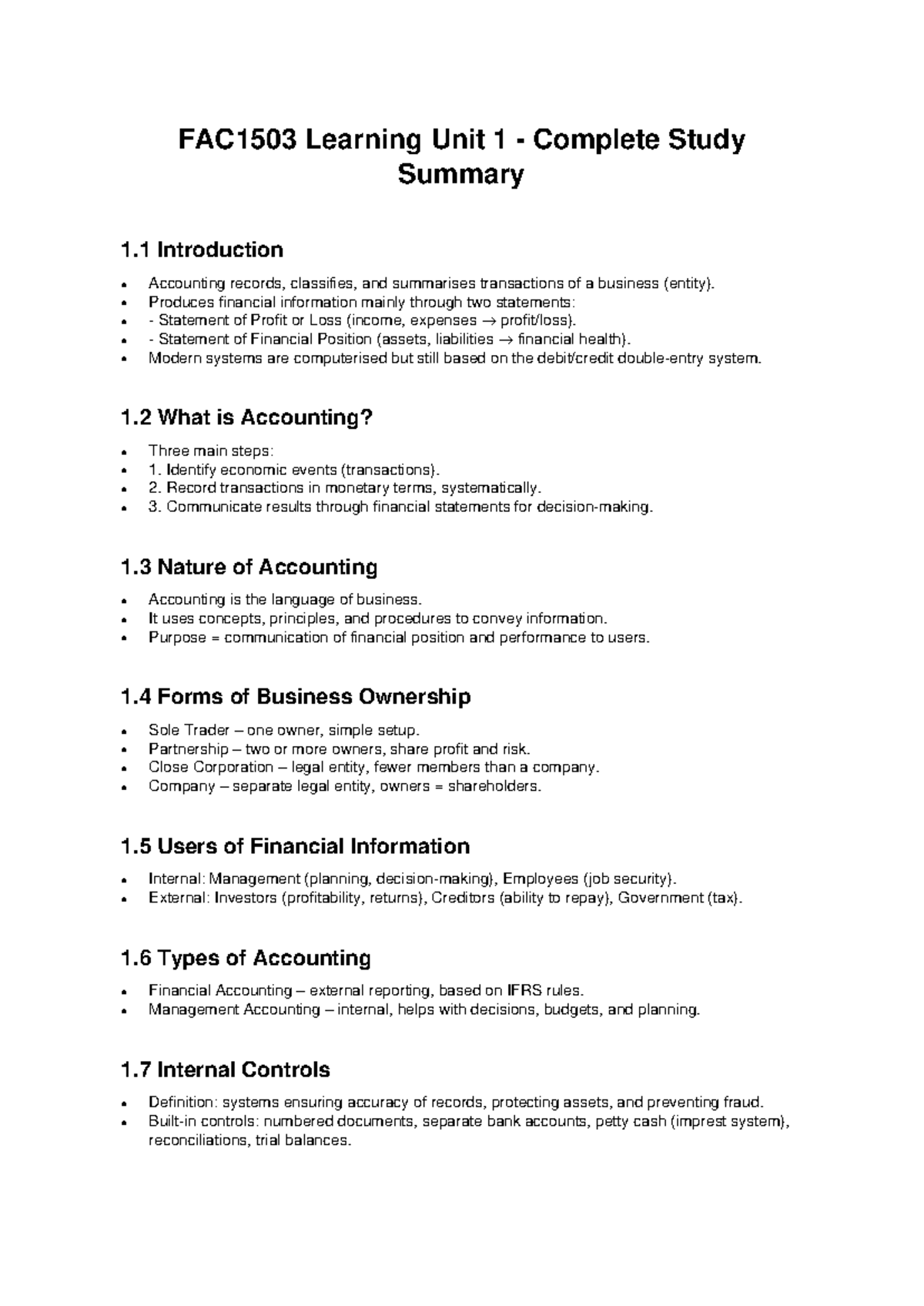 FAC1503 Learning Unit 1: Comprehensive Accounting Study Guide - Studocu