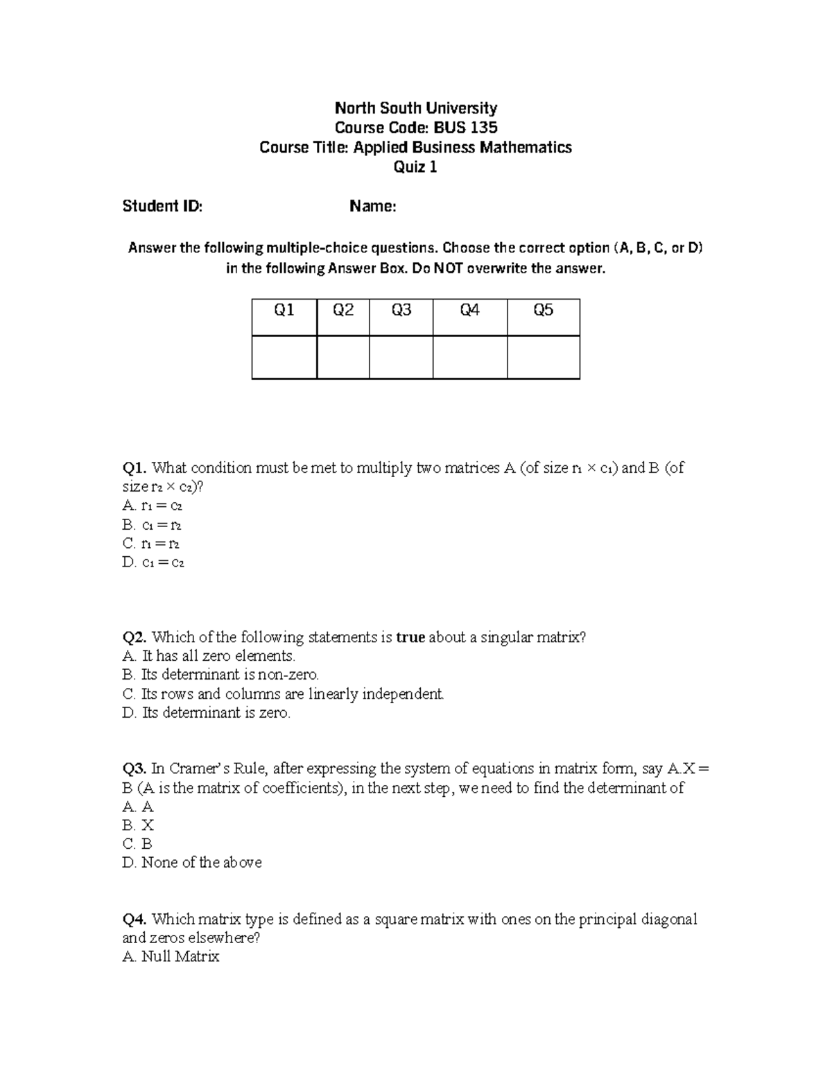 BUS 135 Applied Business Mathematics Quiz 1 MCQs - Studocu