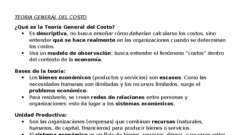 Resumen de Costos - Teoría General del Costo (TGC) - Studocu