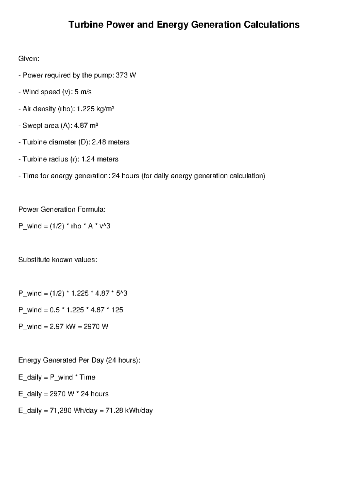 Turbine Energy Calculations Professional Format - Turbine Power and ...