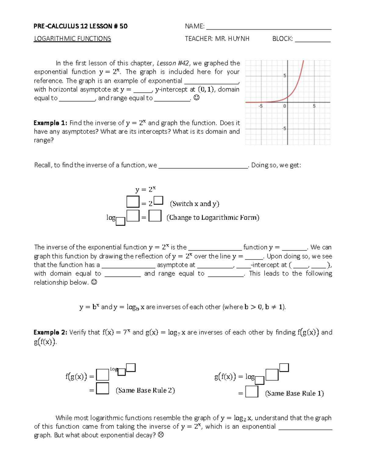 Math 12 Lesson 50: Exploring Logarithmic Functions and Inverses - Studocu