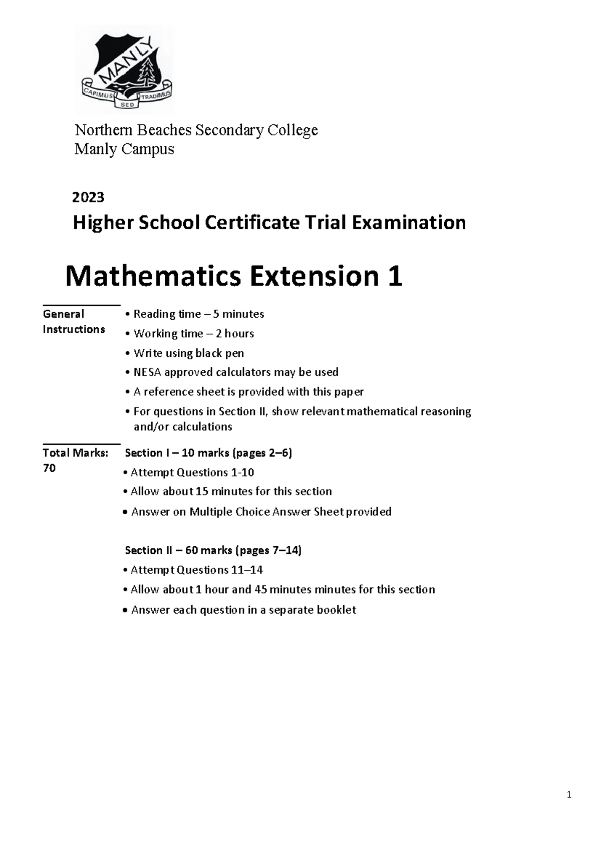 Manly 2023 HSC Trial Exam Mathematics Extension 1 Solutions - Studocu