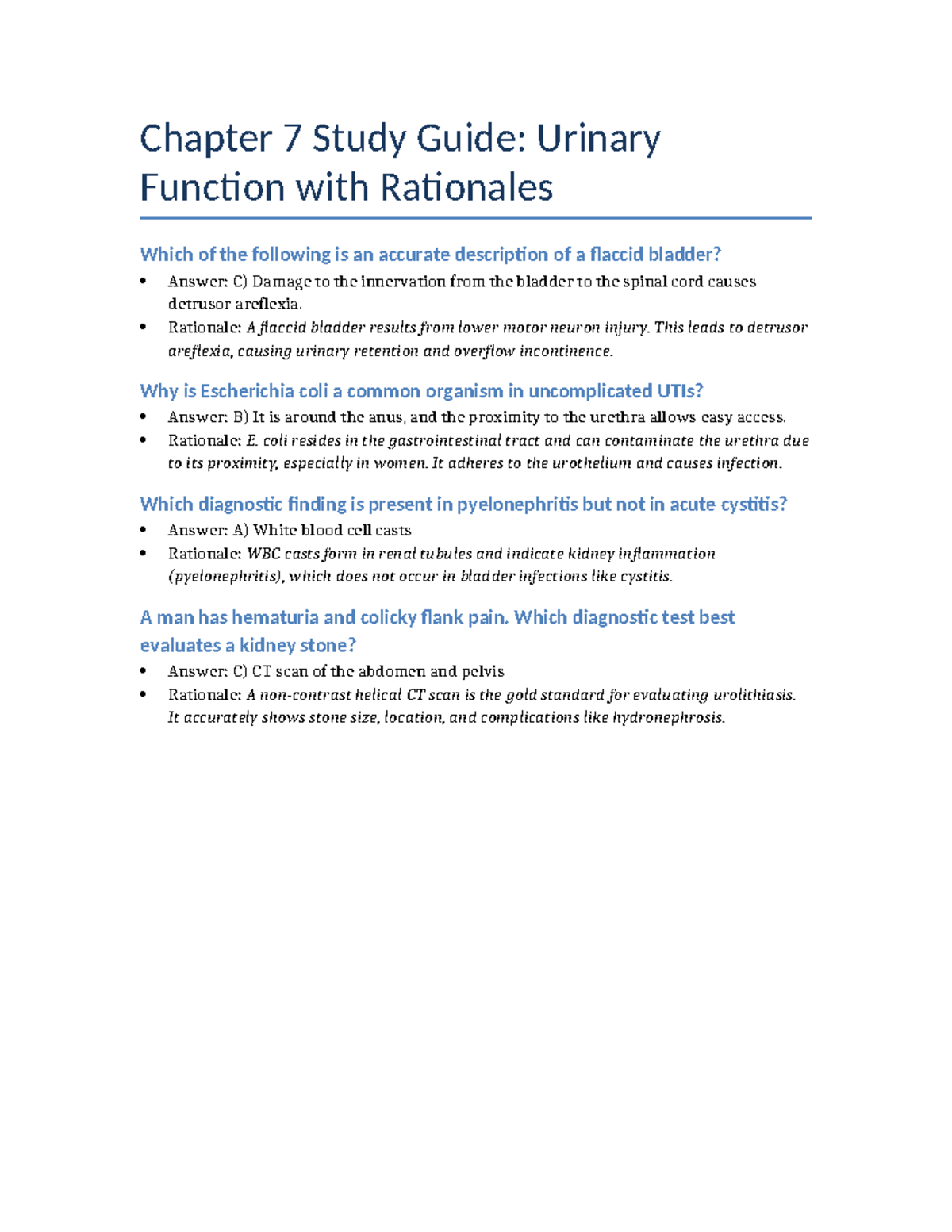 Chapter 7 Study Guide: Urinary Function & Key Concepts - Studocu