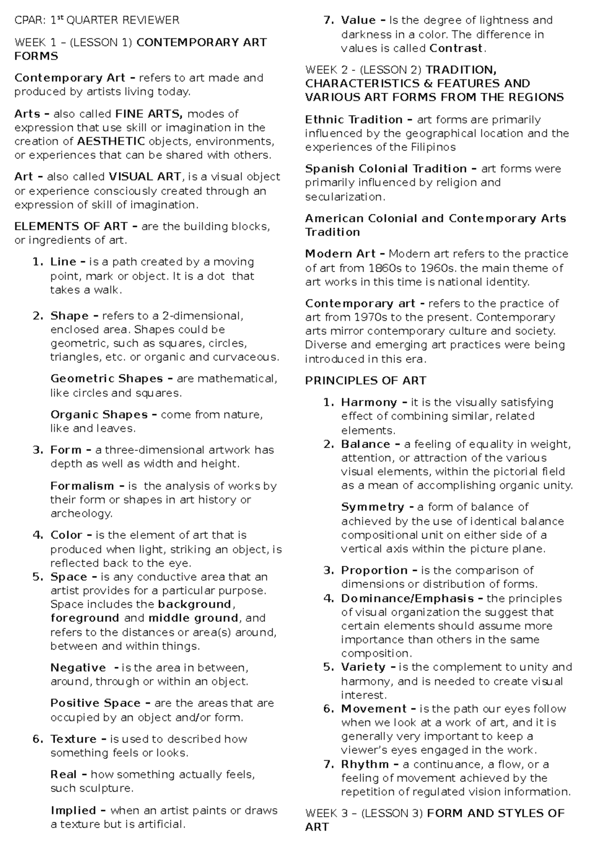 CPAR 1st Quarter Reviewer: Contemporary Art Lessons and Principles ...