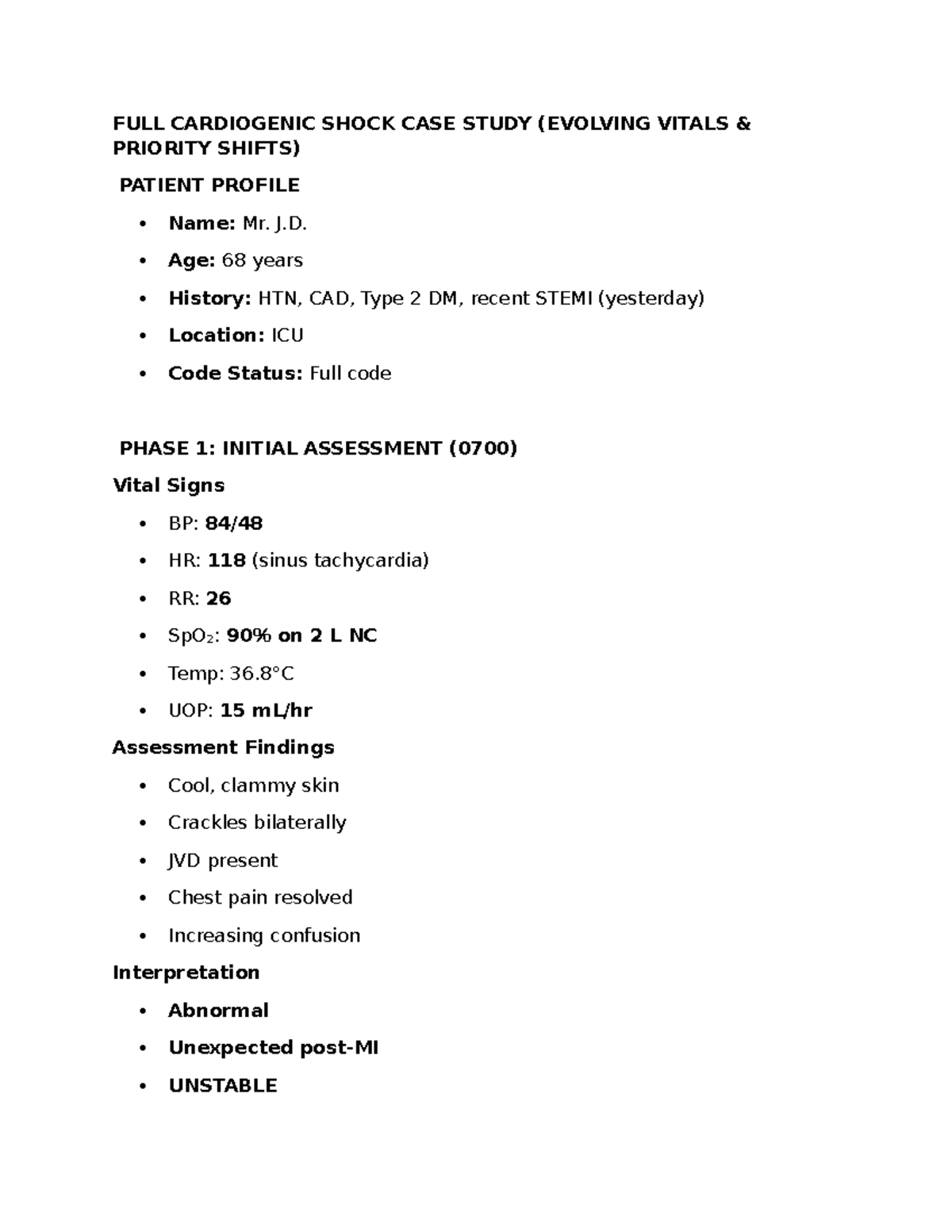 Cardiogenic Shock Case Study (NUR 302): Evolving Vitals & Interventions ...