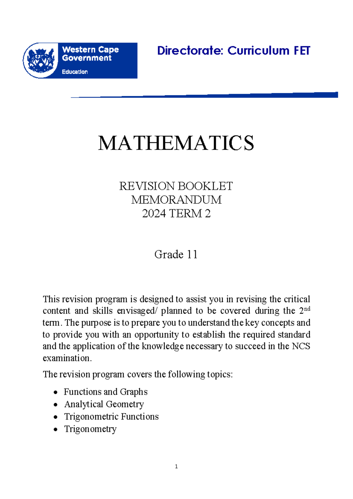 Mathematics Grade 11 Term 2 Revision Memo for 2024 - Studocu