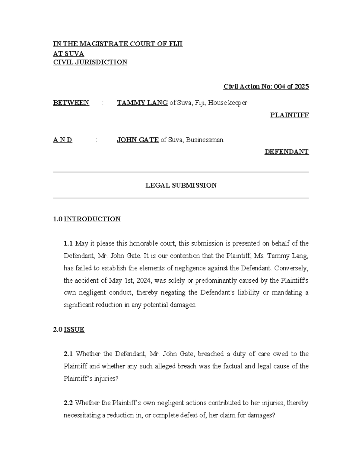 Final Legal Submission on Negligence - Civil Action No: 004 of 2025 ...