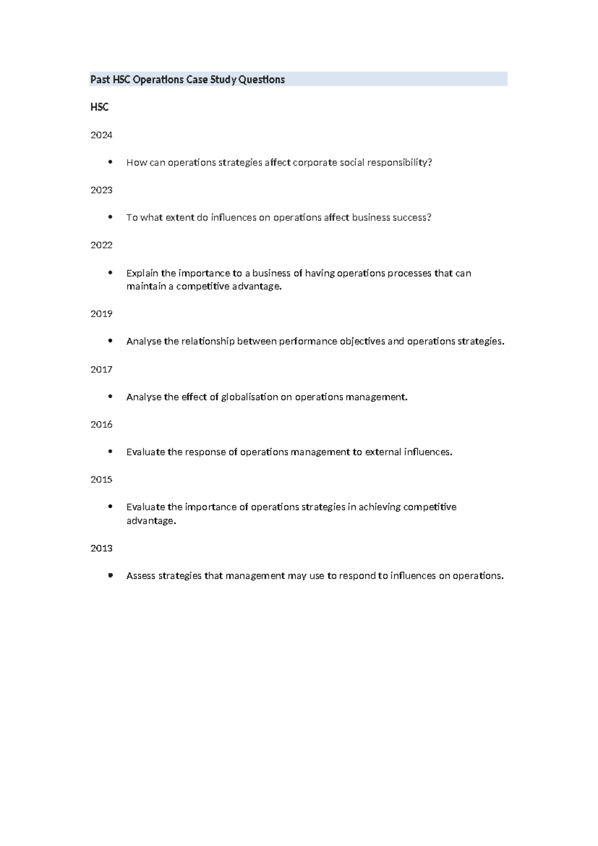 Past HSC Operations Case Study Questions & Insights 2024 - Studocu