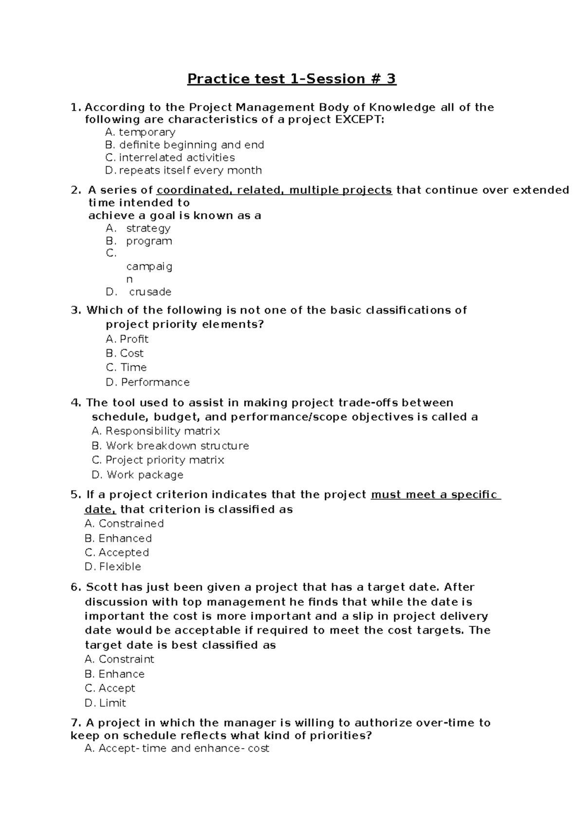 Test 1 - Project Management Quiz Practice Test 3 - Studocu