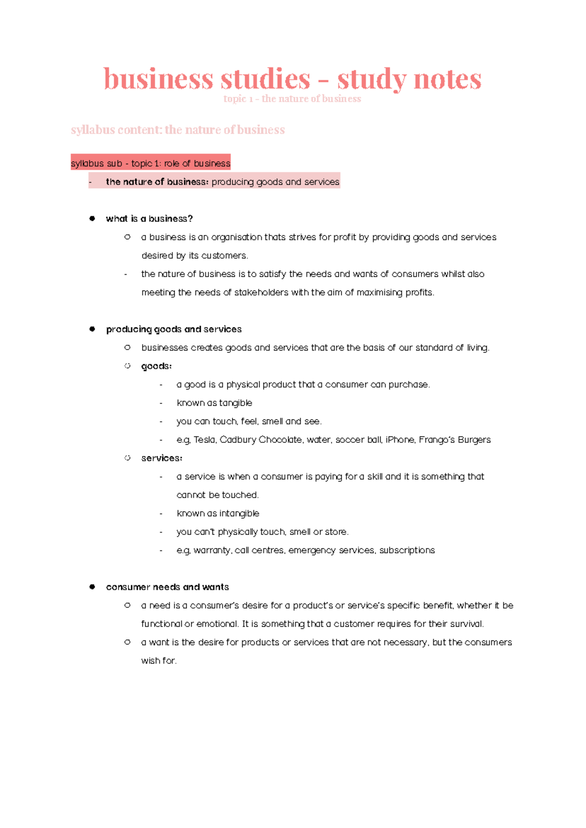 Business Studies - Preliminary Study Notes on Business Nature & Types ...