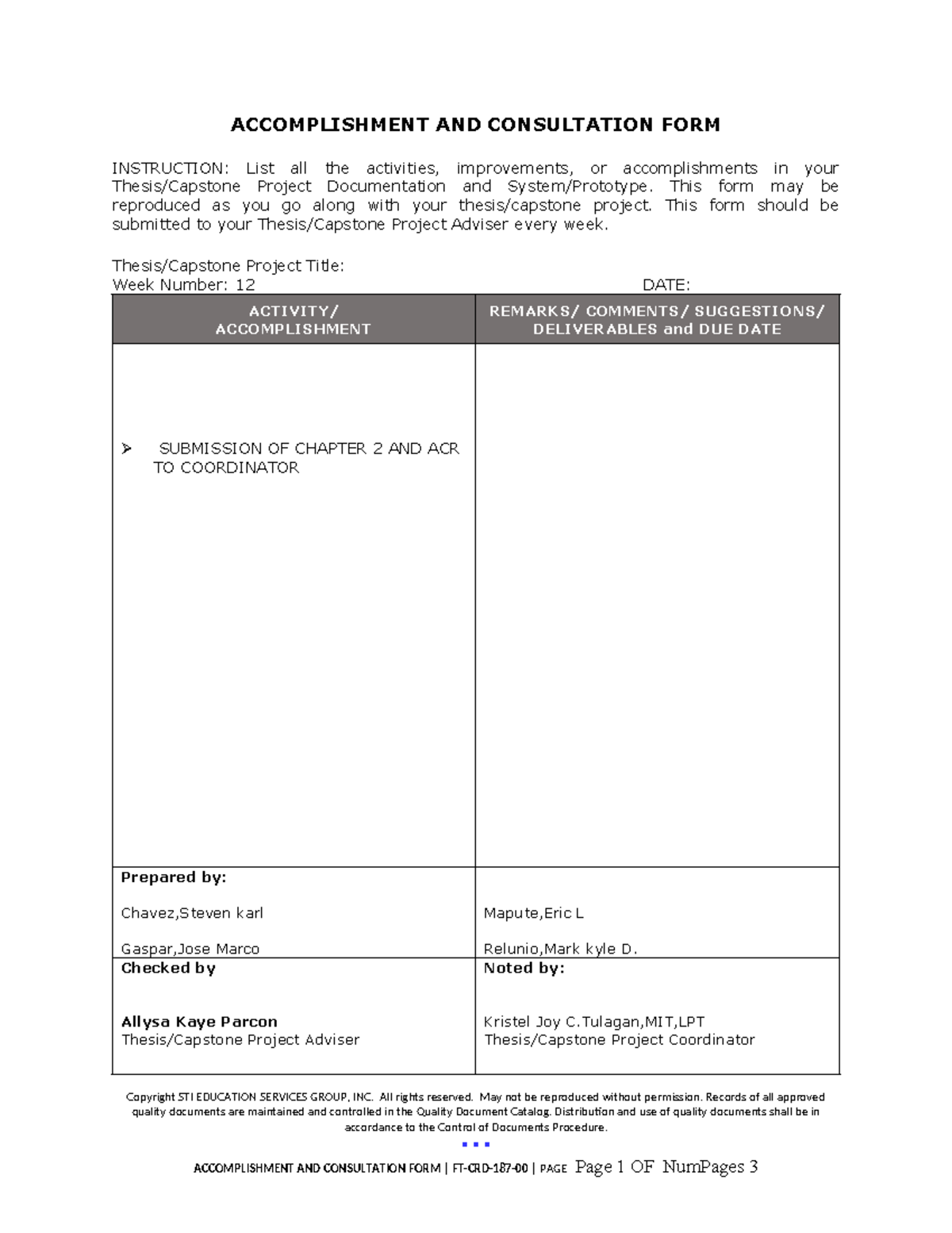 Accomplishment & Consultation Form: Thesis/Capstone Project Week 12 ...